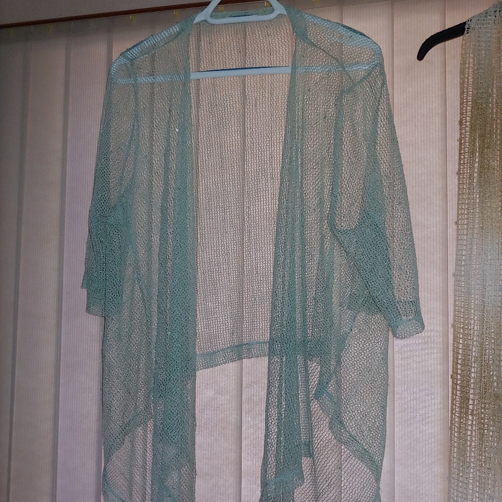 Sage colored short- sleeved shawl, knit with sequi